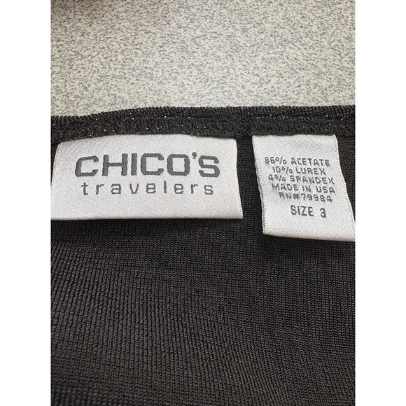 Chico’s Travelers Black Gold Metallic V neck Sz 3  X-Large Womans Blouse Stretch - Picture 2 of 7